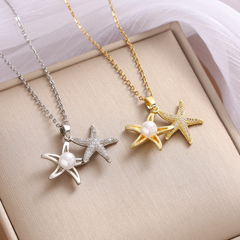 Full Rhinestone Zircon Sea Summer Star Pearl Pendant Titanium Steel Ladies Clavicle Chain