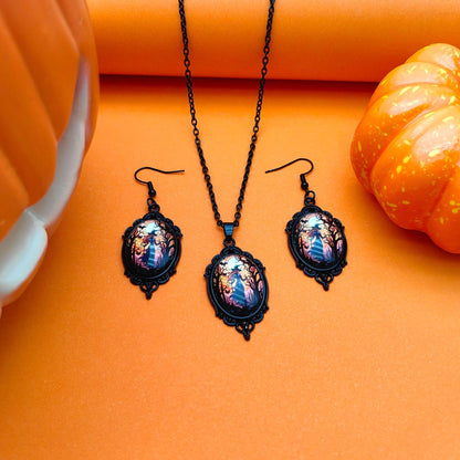 3pcs Vintage Halloween Tree Of Life And Witch Necklace Set With Earrings Alloy Pendant Jewelry