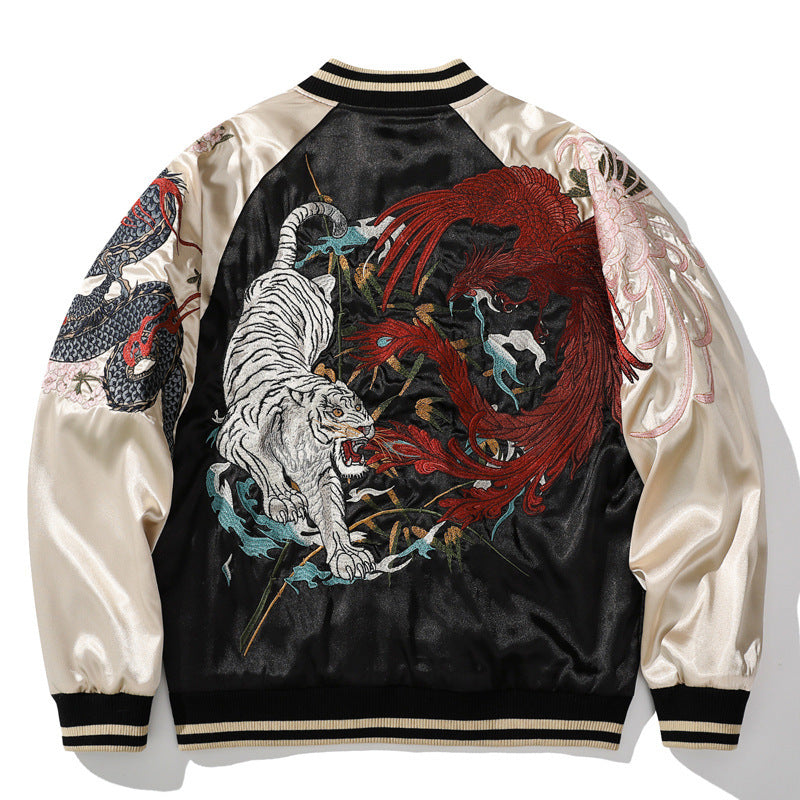 Men's Green Dragon Embroidered Baseball Jacket