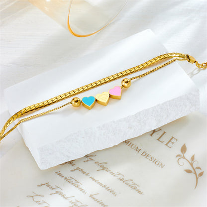 Fashion Special-interest Creative All-match Double-layer Chain Colorful Oil Necklace Heart Bracelet