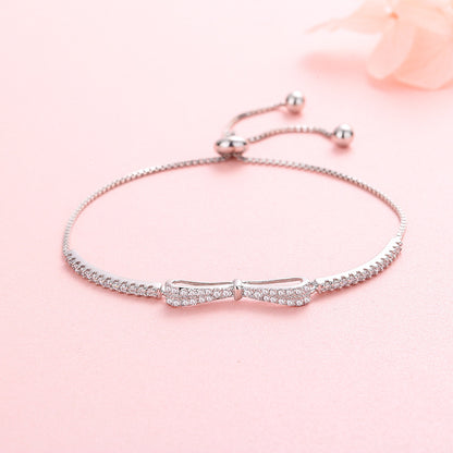 S925 Sterling Silver Plated Platinum Set With Diamond Bow Adjustable Bracelet