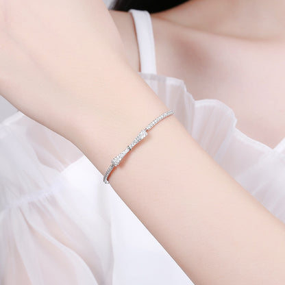 S925 Sterling Silver Plated Platinum Set With Diamond Bow Adjustable Bracelet