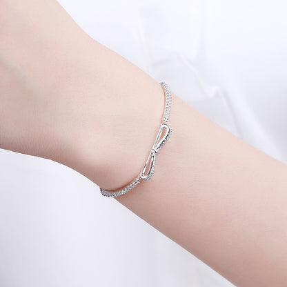 S925 Sterling Silver Plated Platinum Set With Diamond Bow Adjustable Bracelet