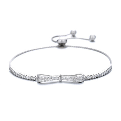 S925 Sterling Silver Plated Platinum Set With Diamond Bow Adjustable Bracelet