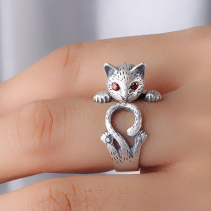 Fashion Retro Red Eye Lucky Cat Silver Ring