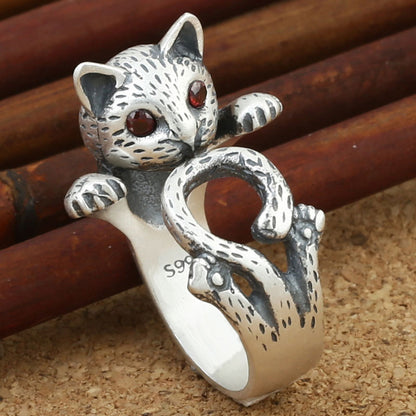 Fashion Retro Red Eye Lucky Cat Silver Ring