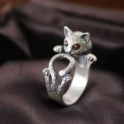 Fashion Retro Red Eye Lucky Cat Silver Ring