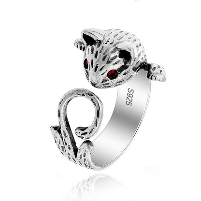 Fashion Retro Red Eye Lucky Cat Silver Ring