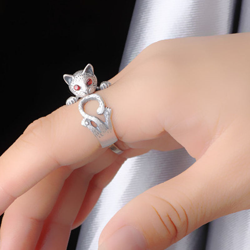 Fashion Retro Red Eye Lucky Cat Silver Ring