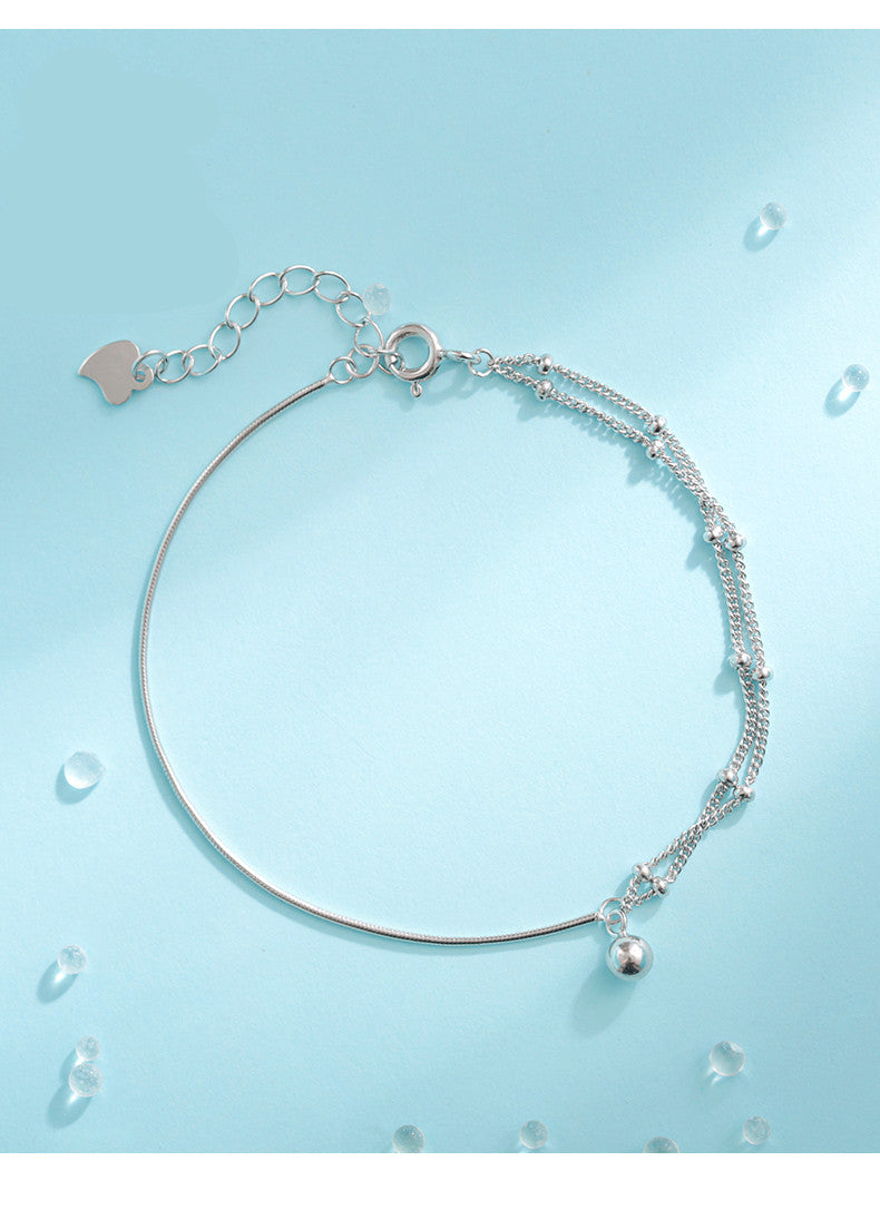 Pure Silver Full-body Minimalist Style Asymmetrical Double Layer Bracelet With Transfer Beads