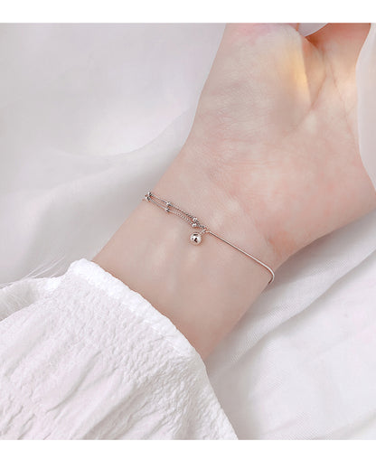 Pure Silver Full-body Minimalist Style Asymmetrical Double Layer Bracelet With Transfer Beads