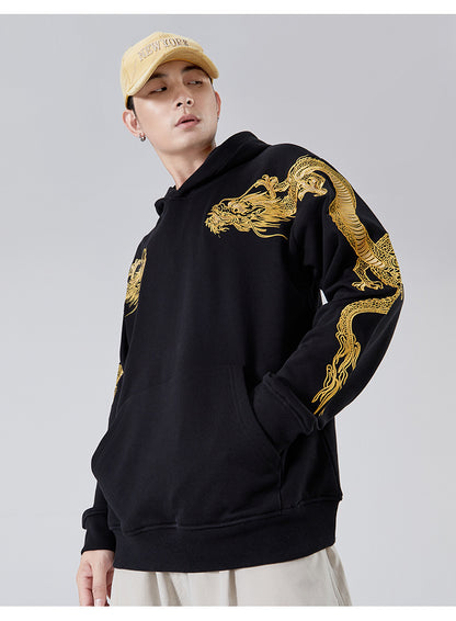 Retro Over-shoulder Dragon Embroidered Hoodie Boys