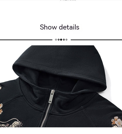 Dragon Embroidery Long Sleeve Hooded Zipper Sweatshirt Baggy Coat Loose