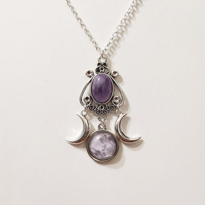Triple Moon Goddess Amethyst Alloy Necklace
