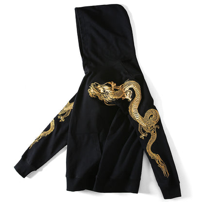 Retro Over-shoulder Dragon Embroidered Hoodie Boys