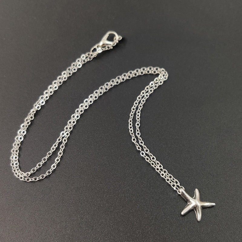 Cute Little Starfish Pendant Necklace Earrings For Women Girls Fashion Silver Sea Star Pentagram Charms Jewelry Set