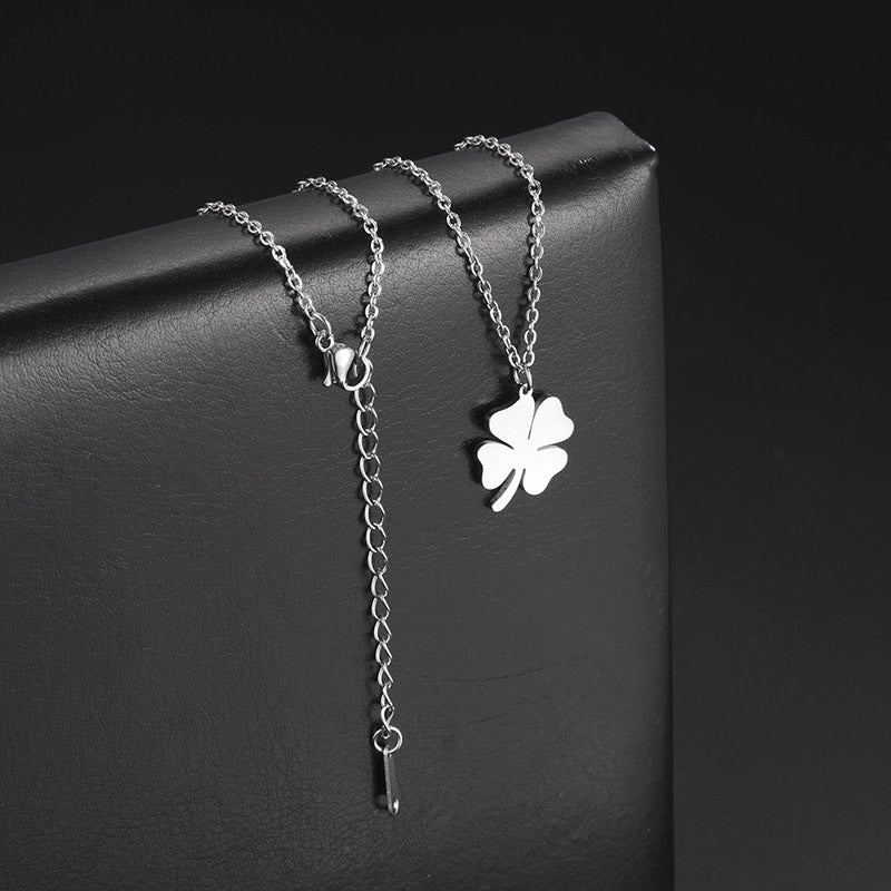 Korean Style Girls' Classic Stainless Steel Hollow Lucky Four-leaf Clover Couple Necklace Temperament Wild Leaf Pendant