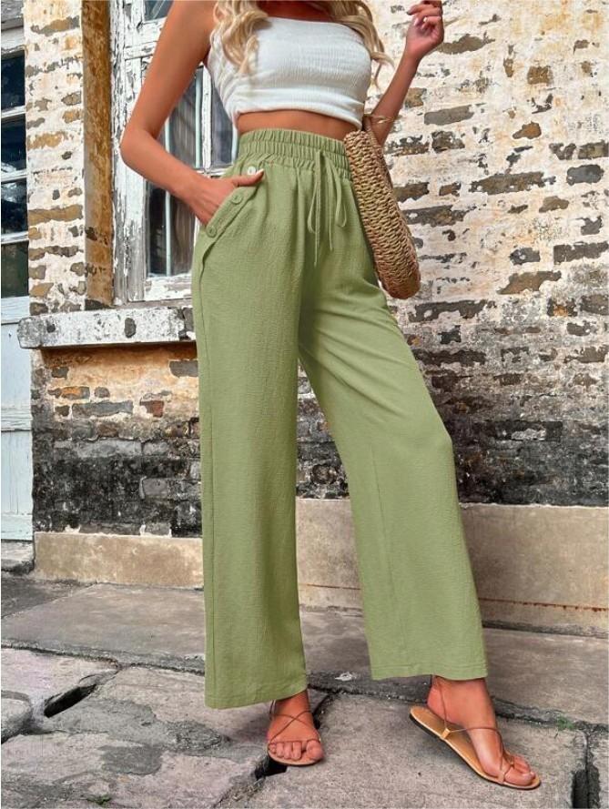 New Casual Pants With Pockets Elastic Drawstring High Waist Loose Trousers For Women