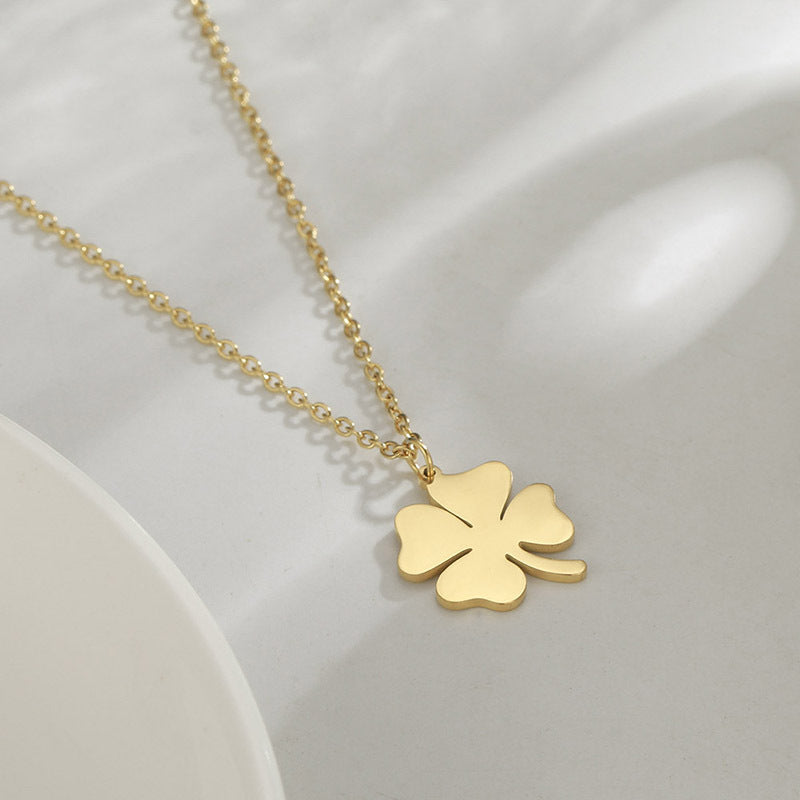 Korean Style Girls' Classic Stainless Steel Hollow Lucky Four-leaf Clover Couple Necklace Temperament Wild Leaf Pendant