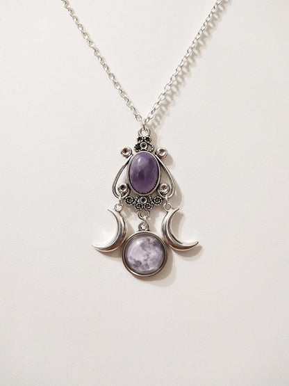 Triple Moon Goddess Amethyst Alloy Necklace