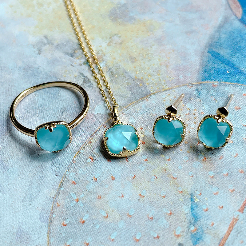 Square Turquoise Quartz Cut S925 Silver Gold-plated Necklace Earring Ring Set