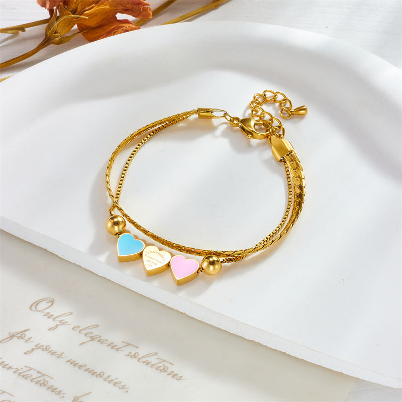 Fashion Special-interest Creative All-match Double-layer Chain Colorful Oil Necklace Heart Bracelet