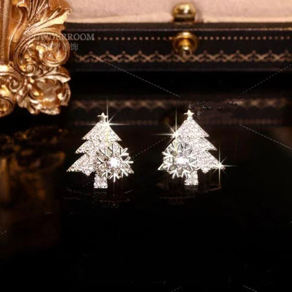 Rotatable Shiny Rhinestone Snowflake Christmas Tree Earrings