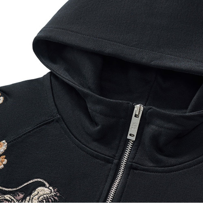 Dragon Embroidery Long Sleeve Hooded Zipper Sweatshirt Baggy Coat Loose