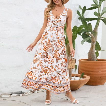 Fashion Floral Print V-neck Dress Summer Sexy Slim Fit Sleeveless Long Dress