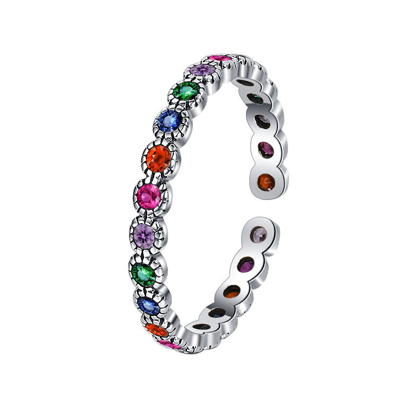S925 Silver Colorful Zircon Ring Women's Retro Fashion Bright Color Contrast Flowers