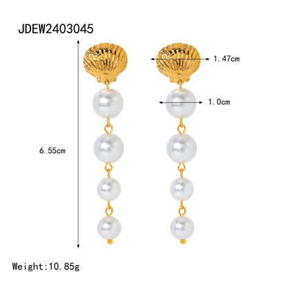 Temperament Personality 18K Gold Stainless Steel Shell Pearl Tassel Earrings