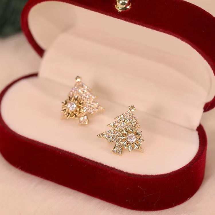 Rotatable Shiny Rhinestone Snowflake Christmas Tree Earrings