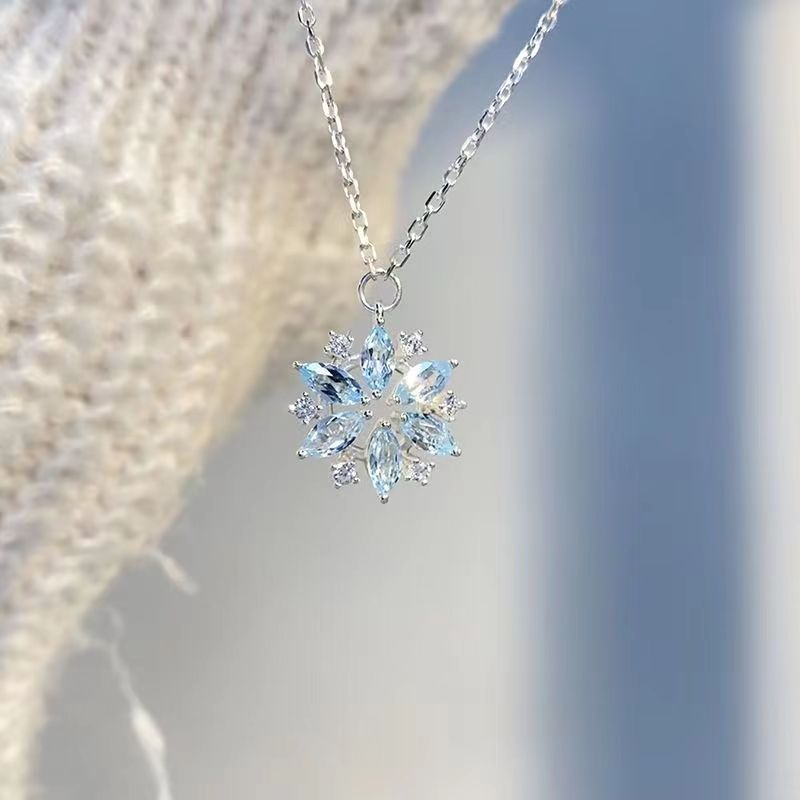 Fashion Jewelry Rhinestone Sky Blue Snowflake Pendant Women's Full Diamond Necklace