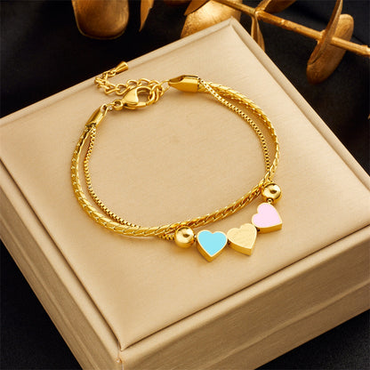 Fashion Special-interest Creative All-match Double-layer Chain Colorful Oil Necklace Heart Bracelet