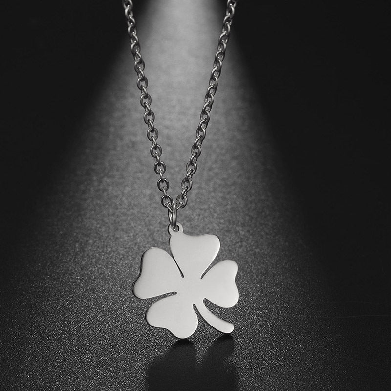 Korean Style Girls' Classic Stainless Steel Hollow Lucky Four-leaf Clover Couple Necklace Temperament Wild Leaf Pendant