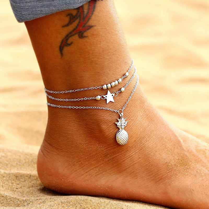 Popular XINGX Round Beads Rhinestone Pineapple Pendant Women's Beach Two-piece Anklet
