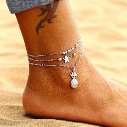 Popular XINGX Round Beads Rhinestone Pineapple Pendant Women's Beach Two-piece Anklet
