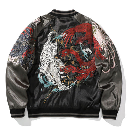 Men's Green Dragon Embroidered Baseball Jacket