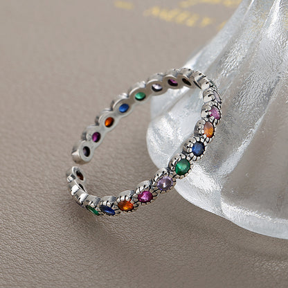 S925 Silver Colorful Zircon Ring Women's Retro Fashion Bright Color Contrast Flowers