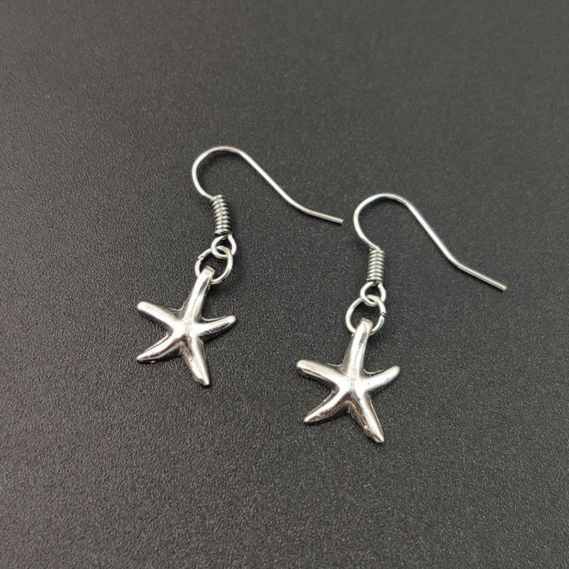 Cute Little Starfish Pendant Necklace Earrings For Women Girls Fashion Silver Sea Star Pentagram Charms Jewelry Set