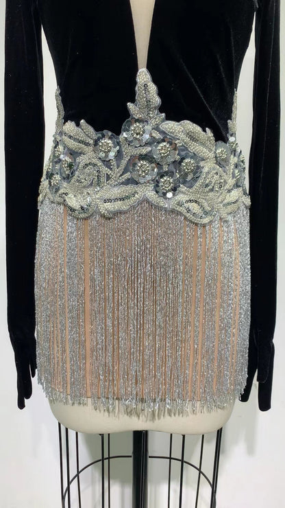 Beaded Sequin Fringed Sleeveless Glove Dress