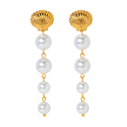 Temperament Personality 18K Gold Stainless Steel Shell Pearl Tassel Earrings