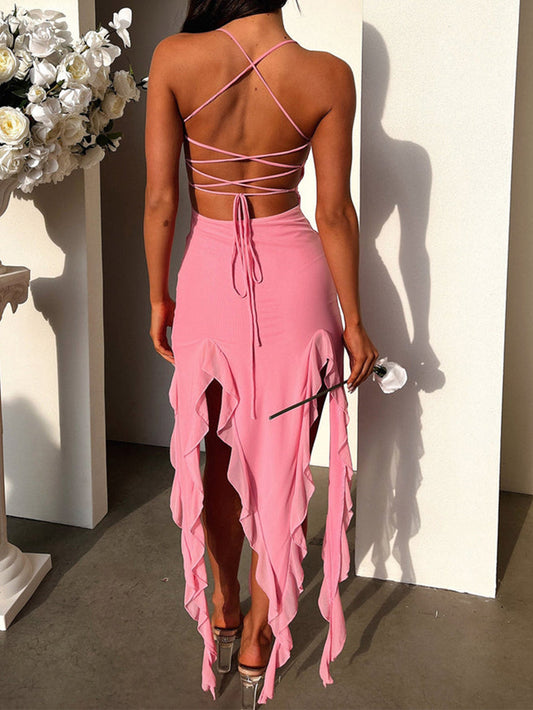 Sexy Suspender Tight Slim Skirt Fashion Split Ruffle Design Dress Summer Womens Clothing