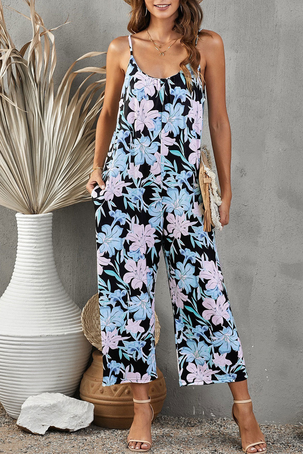 Flowers Print Suspender Jumpsuit With Pockets Spring Summer Fashion Round-neck Overalls For Womens Clothing