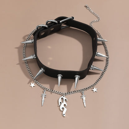 Punk Style Flame Tag Rivet Necklace Chain Necklace