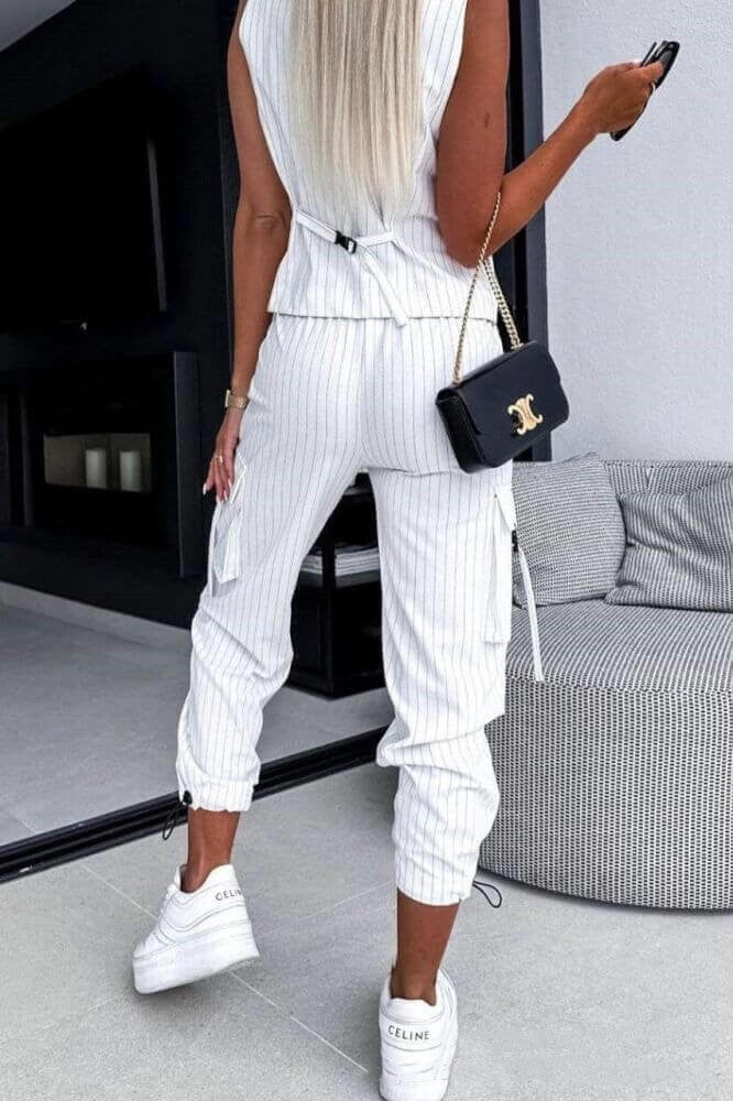 Women's Clothing Fashion White Striped Sleeveless Vest Suit Leisure Commute Cropped Pants