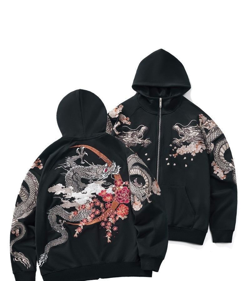 Dragon Embroidery Long Sleeve Hooded Zipper Sweatshirt Baggy Coat Loose