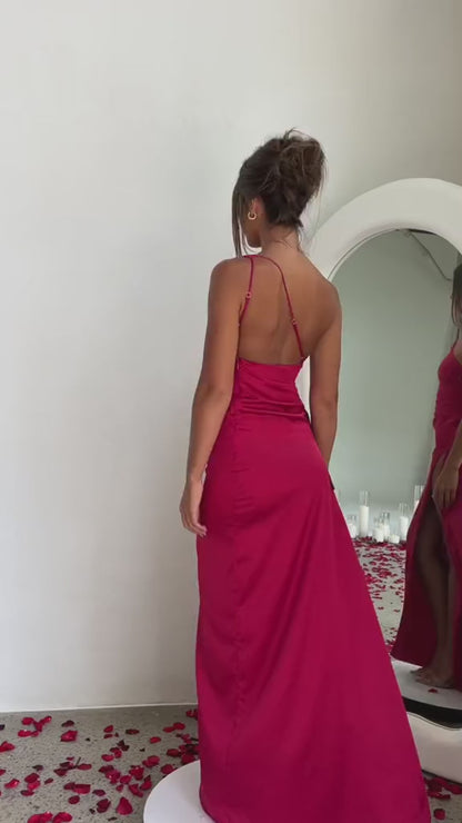One-shoulder Pleated Split Sexy Satin Dress Elegant Slim-fit Solid Color