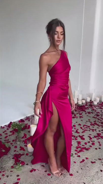 One-shoulder Pleated Split Sexy Satin Dress Elegant Slim-fit Solid Color